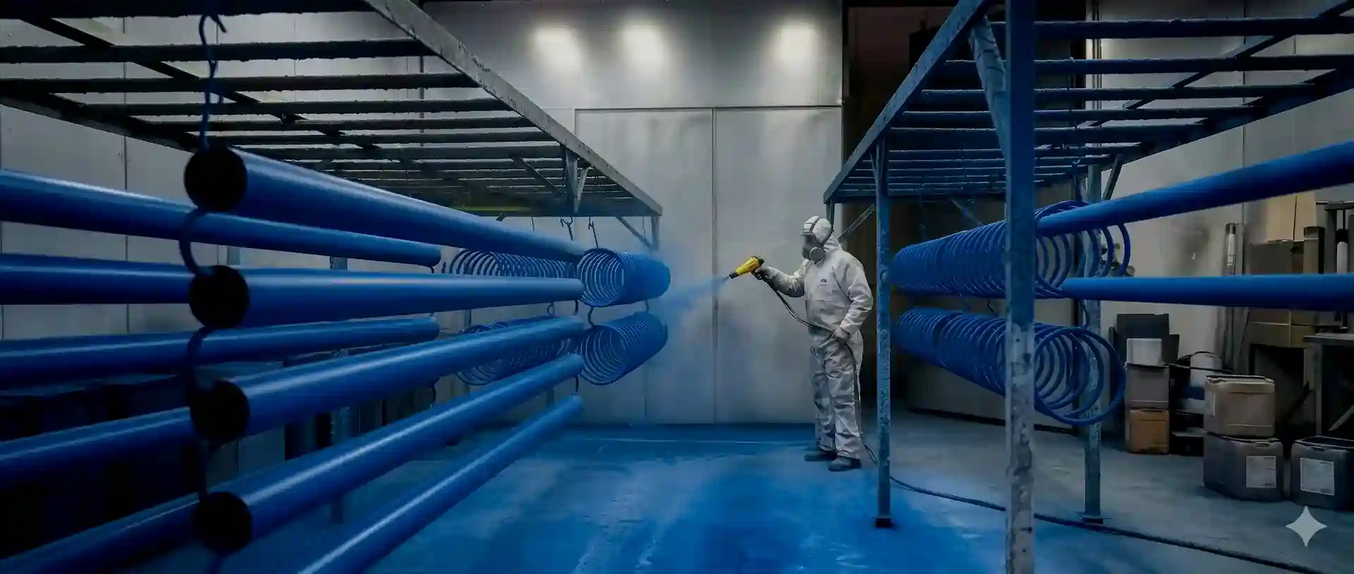 Professional powder coating technician applying coating in the Powderplus workshop, Haverhill Suffolk